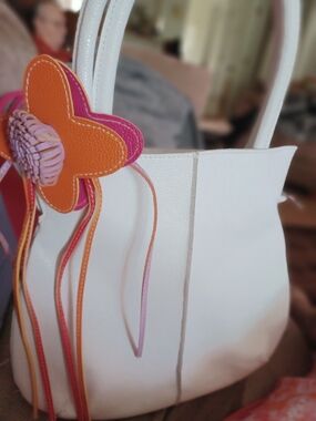 White Vegan Leather Shoulder Tote with Pink & Orange Floral Accent